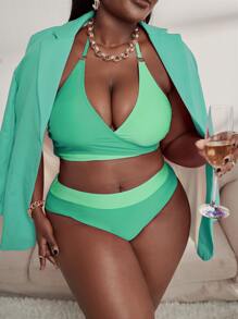 Conjunto de Bikini Wrap Halter de bloques de color de talla grande para la playa de verano - Verde Lima - Ver 1