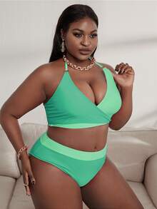 Conjunto de Bikini Wrap Halter de bloques de color de talla grande para la playa de verano - Verde Lima - Ver 3
