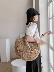 極簡風格鏤空草編包 - 卡其色 - 查看 3