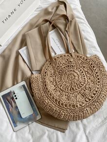 極簡風格鏤空草編包 - 卡其色 - 查看 6