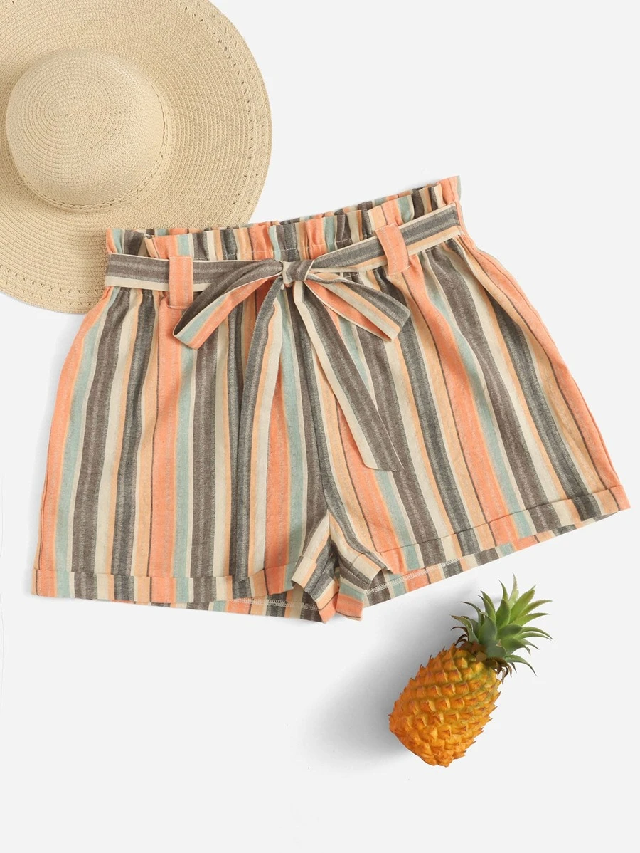 Plus Colorful Striped Paperbag Waist Belted Shorts - Multicolor - View 1