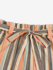 Plus Colorful Striped Paperbag Waist Belted Shorts - Multicolor - View 4