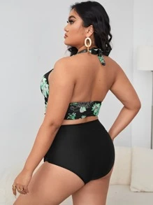 SHEIN Swim Curve Plus Size Floral Ruched Bikini Set Summer Beach - Black - View 2