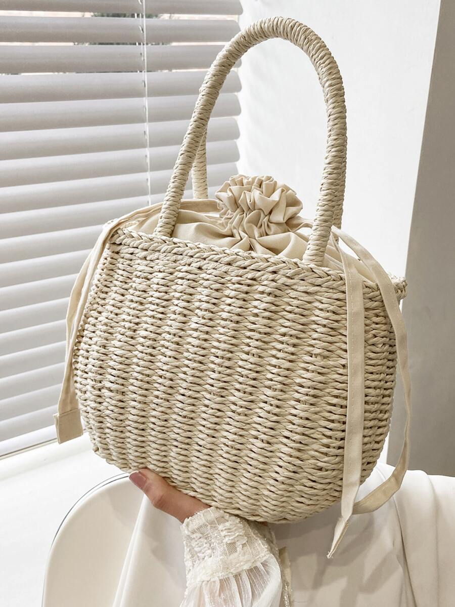 Drawstring Design Straw Bag - Beige - View 1