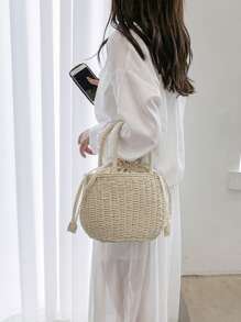 Drawstring Design Straw Bag - Beige - View 2