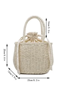 Drawstring Design Straw Bag - Beige - View 3