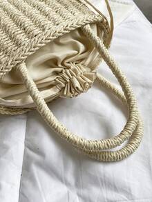 Drawstring Design Straw Bag - Beige - View 5