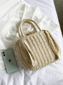Drawstring Design Straw Bag - Beige - View 6