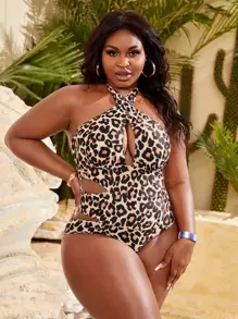 SHEIN Slayr Traje de baño de una pieza con corte y estampado de leopardo para tallas grandes, para verano - Multicolor - Ver 1