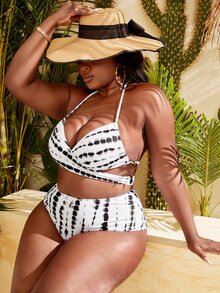 Plus Size Allover Print Wrap Bikini Set Summer Beach - Black and White - View 3