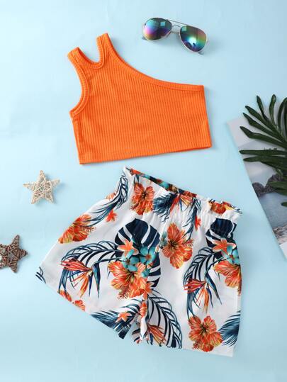 SHEIN Ung flicka Enaxlad Utskuren Topp & Tropiska Tryck Shorts