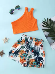 SHEIN Young Girl One Shoulder Cut Out Top & Tropical Print Shorts - Multicolor - View 2