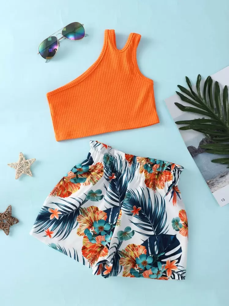SHEIN بلوزة كاجوال بشعار الكتف للفتاة مع شورت طبعة استوائية - متعدد الألوان - مشاهدة 2