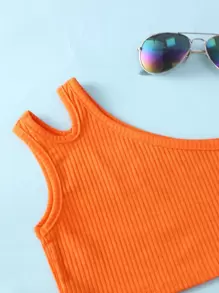 SHEIN Young Girl One Shoulder Cut Out Top & Tropical Print Shorts - Multicolor - View 3