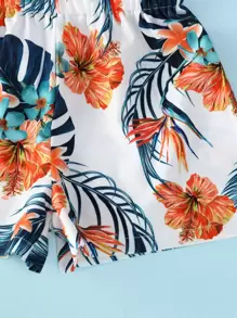 SHEIN Young Girl One Shoulder Cut Out Top & Tropical Print Shorts - Multicolor - View 4