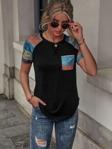 SHEIN LUNE Colour Block Raglan Sleeve Patched Pocket Tee - Multicolor - View 4
