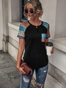 SHEIN LUNE Colour Block Raglan Sleeve Patched Pocket Tee - Multicolor - View 6