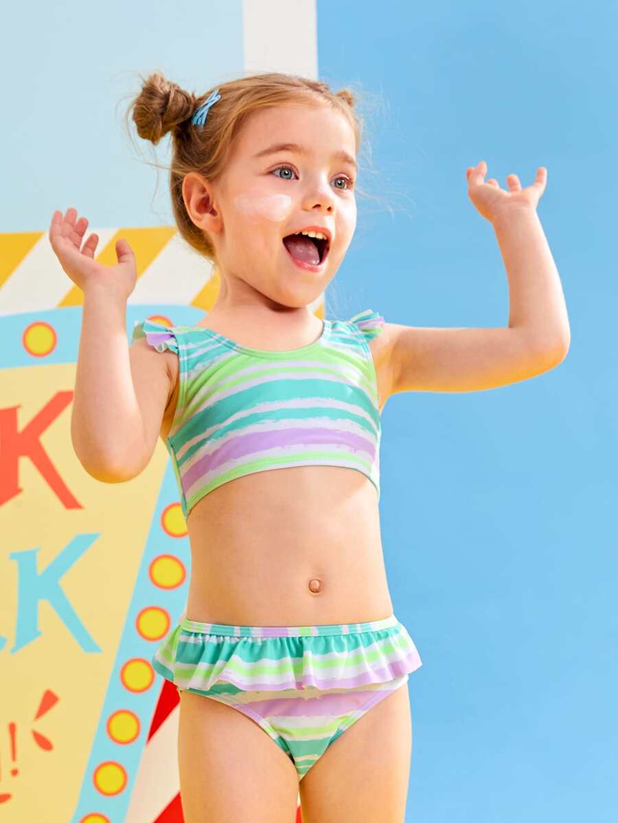 Young Girl Striped Bikini Set Summer Beach - Multicolor - View 1