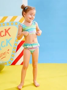 Young Girl Striped Bikini Set Summer Beach - Multicolor - View 5