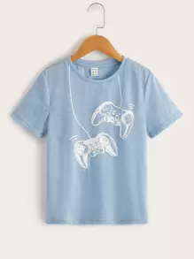 SHEIN Tween Boy Printed Oversized T-Shirt, Simple Comfortable Casual Wear For Daily Summer - Baby Blue - View 1
