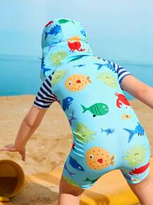 Young Boy Cartoon Graphic Zip Front One Piece Swimsuit With Swim Cap - Multicolor - View 2