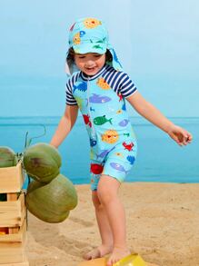 Young Boy Cartoon Graphic Zip Front One Piece Swimsuit With Swim Cap - Multicolor - View 3