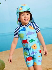 Young Boy Cartoon Graphic Zip Front One Piece Swimsuit With Swim Cap - Multicolor - View 4