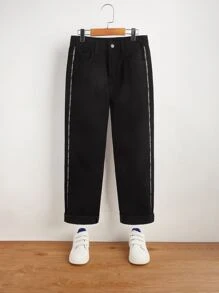 SHEIN 男孩字母織帶側縫牛仔褲 - 黑色 - 查看 1