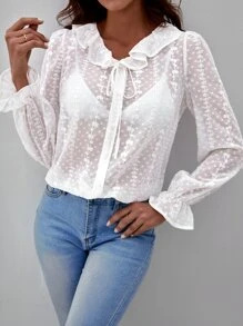 SHEIN Blusa ribete con fruncido con cordón delantero de manga con volante - Blanco - Ver 1