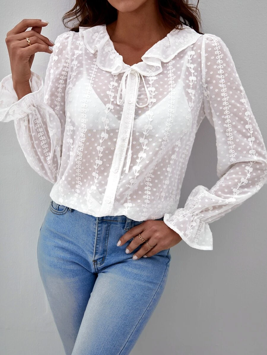 SHEIN Blusa ribete con fruncido con cordón delantero de manga con volante - Blanco - Ver 1