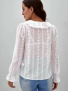 SHEIN Blusa ribete con fruncido con cordón delantero de manga con volante - Blanco - Ver 2