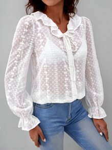 SHEIN Blusa ribete con fruncido con cordón delantero de manga con volante - Blanco - Ver 3