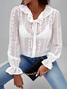 SHEIN Blusa ribete con fruncido con cordón delantero de manga con volante - Blanco - Ver 4