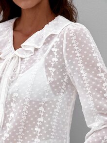 SHEIN Blusa ribete con fruncido con cordón delantero de manga con volante - Blanco - Ver 5
