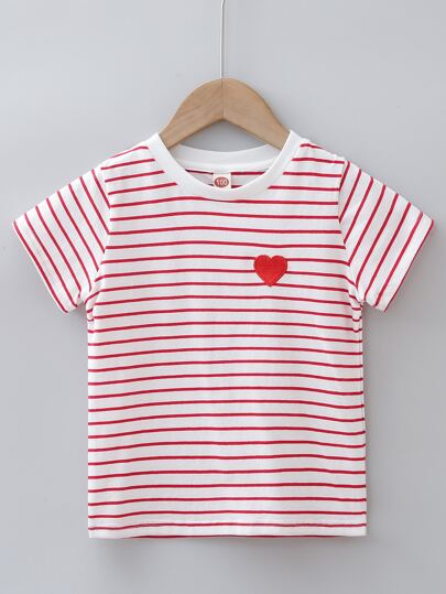 Elladie kids 年轻女孩心形刺绣条纹 T 恤