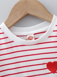 Elladie kids Young Girl Heart Embroidery Stripe Tee - Red and White - View 3