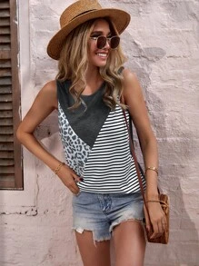 SHEIN Unity 豹紋和條紋印花背心上衣 - 彩色 - 查看 1