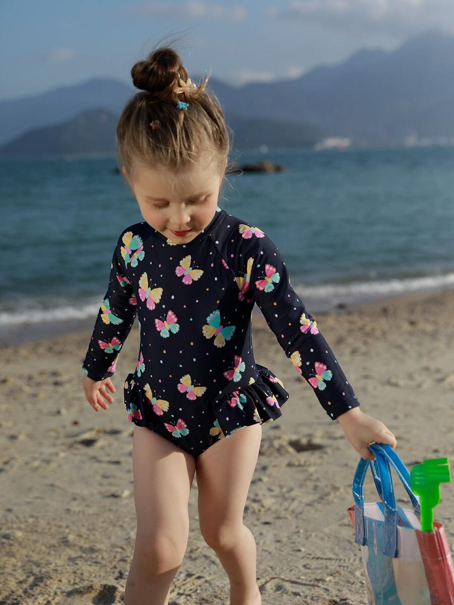 Young Girl Raglan Sleeve Ruffle Trim Butterfly And Dot Print One-Pieces