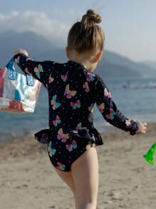 Young Girl Raglan Sleeve Ruffle Trim Butterfly And Dot Print One-Pieces