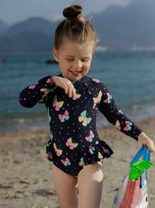 Young Girl Raglan Sleeve Ruffle Trim Butterfly And Dot Print One-Pieces