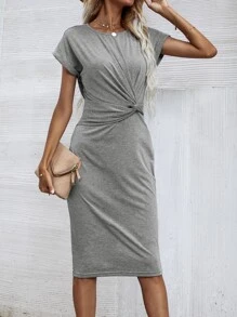 Solid Twist Front Fitted Dress - Light Grey - View 1