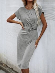 Solid Twist Front Fitted Dress - Light Grey - View 4