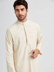 Manfinity VCAY Men Mock Neck Button Half Placket Longline Shirt - Beige - View 5