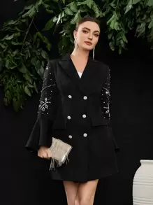 Modelyn Rhinestone Flounce Sleeve Double Breasted Blazer - Black - View 1