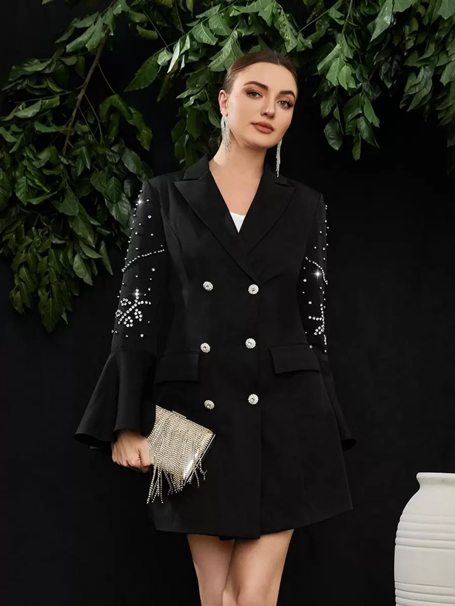 Modelyn Rhinestone Flounce Sleeve Double Breasted Blazer - Black - View 1