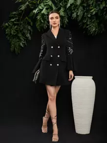 Modelyn Rhinestone Flounce Sleeve Double Breasted Blazer - Black - View 3