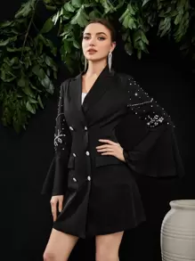Modelyn Rhinestone Flounce Sleeve Double Breasted Blazer - Black - View 4
