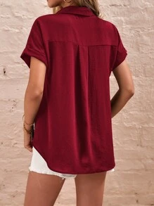 SHEIN LUNE Patched Pocket Batwing Sleeve Shirt - Burgundy - View 2