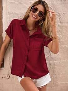 SHEIN LUNE Patched Pocket Batwing Sleeve Shirt - Burgundy - View 4