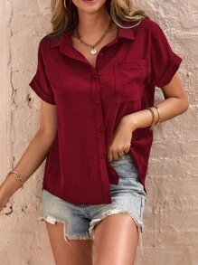 SHEIN LUNE Patched Pocket Batwing Sleeve Shirt - Burgundy - View 3